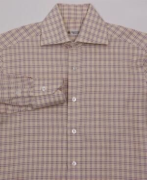 Domenico Vacca White Yellow Burgundy Check Knit Woven Dress Shirt (38) 15-34/35